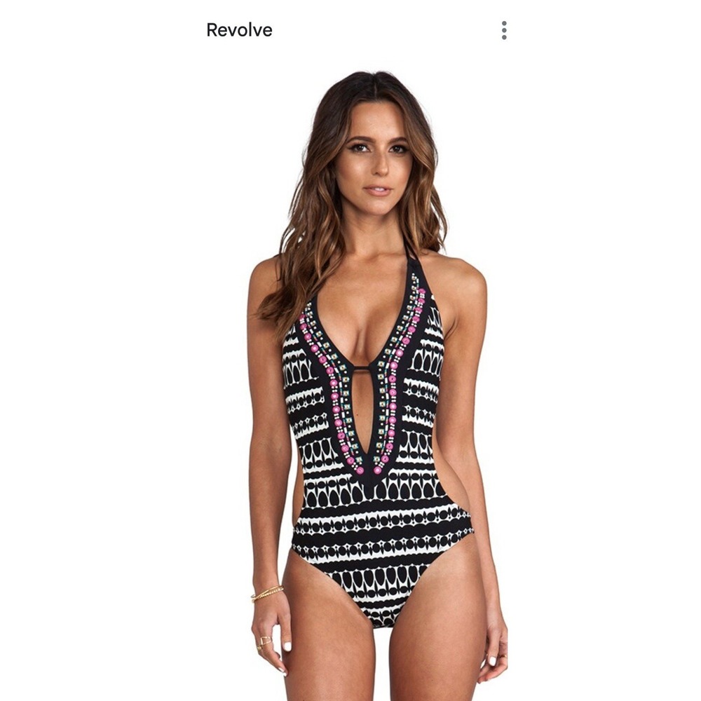 Nanette Lepore Grand Bazaar Seductress Monokini Beaded Plunge Cutout Halter L - Picture 3 of 10